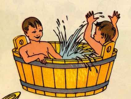 Two Boys Bathe in a Wooden Barrel Tub