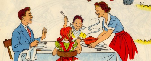 Family at Table as Mom serves hot food