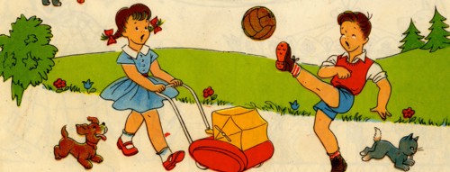 Boy kicks soccer ball as girl wheels baby carriage