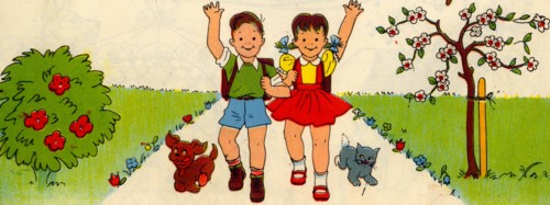 Boy & Girl on the way to school with dog & Cat