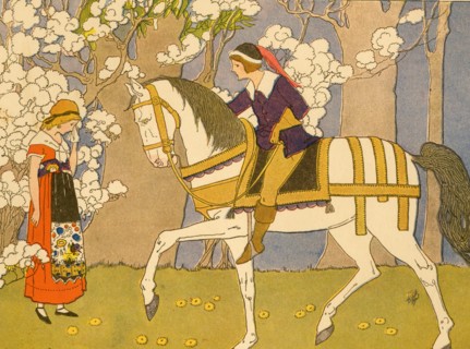 Young Boy in White Horse speaks to a tearing maiden 1910