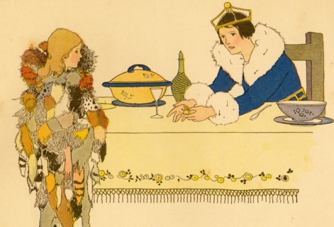 Princess at Table shows a Young Girl a Miniature Spinning wheel 1910