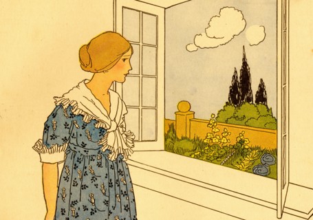 Young Girl Looks out of her window over a garden 1910