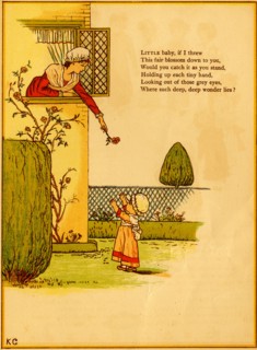 Woman in window tosses rose to a toddler girl 1875