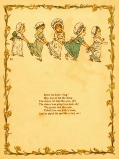 Little Girls dance holding on to each other's skirts 1875