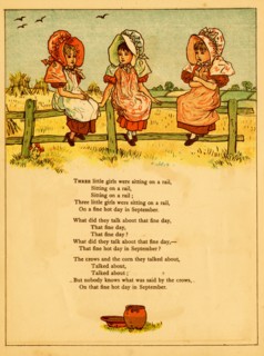 Three girls sit on a fence in September 1875