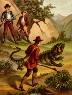 Hunter tries to lasso an iguana that is larger than himself 1880