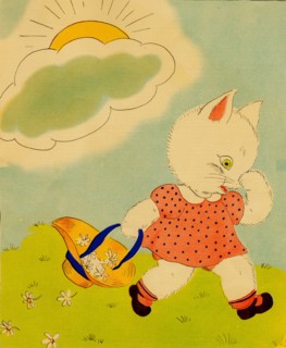 Anthropomorphic kitten holds her hat full of flowers 1900