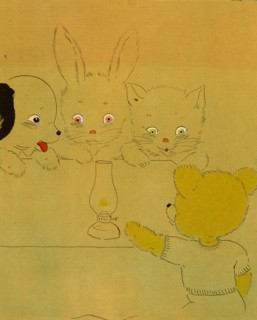 Anthropomorphic bear lights an oil lamp for bunny, cat and dog 1900