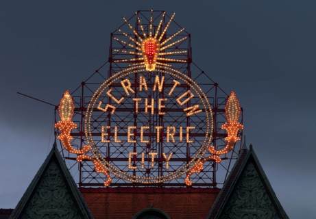 Historic Electric City sign, restored in 2008, shines again. Scranton, Pennsylvania 2006