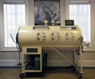 Iron lung (c. 1933) used to "breathe" for polio patients until 1955 when polio vaccine became available is located in the Mobile Medical Museum, Mobile, Alabama 2010