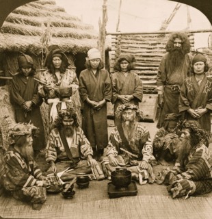 Ainu men the aborigines of Japan, in feast attire, Island of Yezo 1906