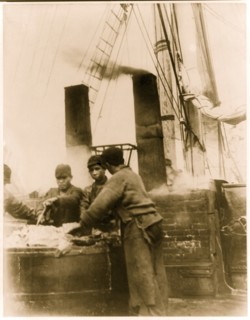 Japanese crewmen working aboard the bark CALIFORNIA, off the coast of Japan. 1903