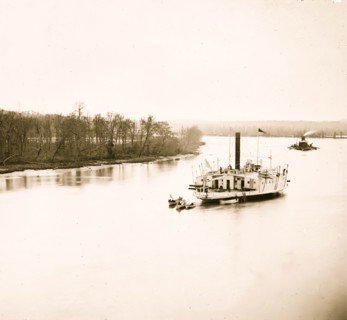James River, Virginia. Gunboat Commodore Perry and monitor on James River 1863