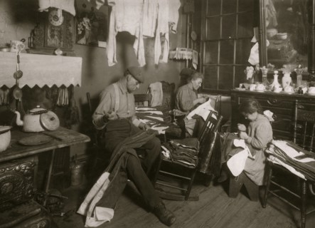 11:30 A.M. Jennie Rizzandi, 9 year old girl, helping mother and father finish garments in a dilapidated tenements, immigrants  1924