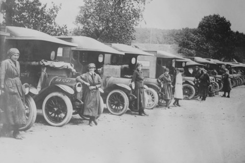 A line of Women Ambulance Drivers with their vehicles 1917