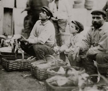 A Typical Fisher Boy at "T" Wharf selling fish with Dad. 1909