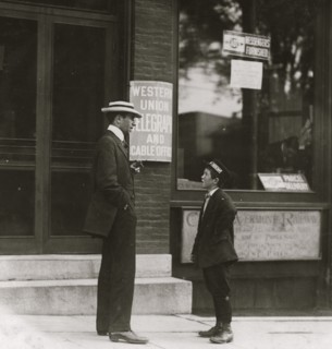 A.D.T. Boy, 13 years old. One and one-half years at it. Works from noon to 10:30 P.M. Said he "carries notes, etc." 1910