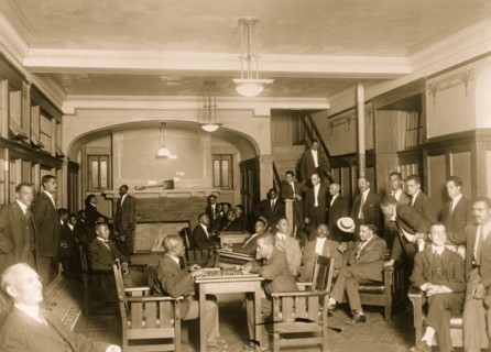 African American men in the lobby of the "Chicago colored Y.M.C.A. 1915