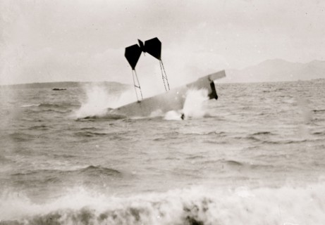 airplane of pilot and daredevil Hugh Armstrong Robinson (1881-1963) making a crash landing on water near Nice, France, 1912. 1912
