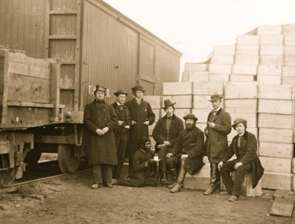 Aquia Creek Landing, Va. Clerks of the Commissary Depot by railroad car and packing cases 1863
