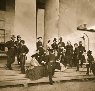 Gen. Samuel P. Heintzelman and staff at Arlington house. (Mathew B. Brady, the photographer is shown in a top hat) 1863