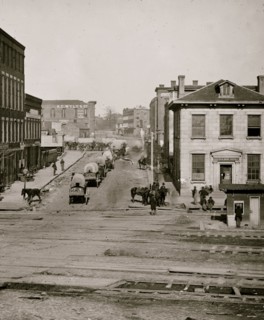 Atlanta, Ga. Northward view across the tracks on Whitehall Street, with wagon train 1864