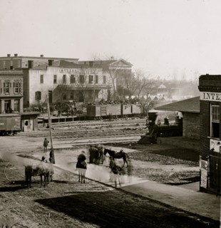 Atlanta, Ga. Soldiers on boxcars at railroad depot 1865