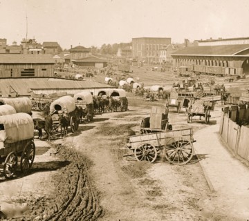Atlanta, Georgia. Federal army wagons railroad depot 1865