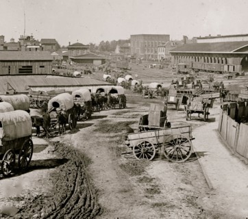 Atlanta, Georgia. Federal army wagons railroad depot 1864