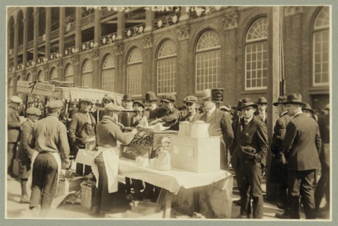 Baseball fans--"Hot dogs" for fans waiting for gates to open at Ebbets Field, Oct. 6, 1920 1920