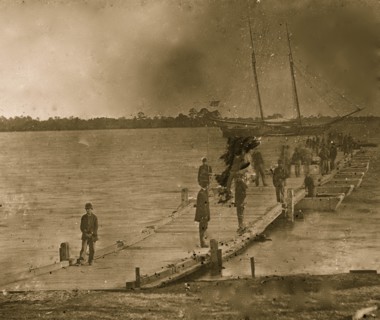 Beaufort, South Carolina. Erecting pontoon bridge across Port Royal River 1862