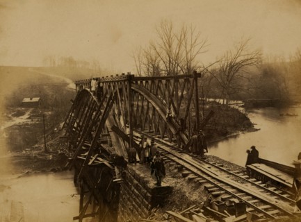 Building military railroad truss bridge across Bull Run, April, 1864 1863
