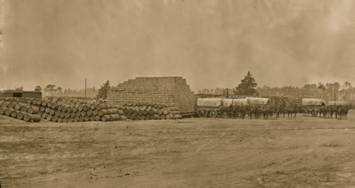 Cedar Level, Va. Commissary depot with supply train wagons 1864