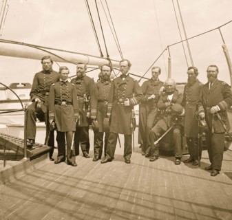 Charleston Harbor, S.C. Rear Admiral John A. Dahlgren (fifth from left) and staff aboard U.S.S. Pawnee 1863