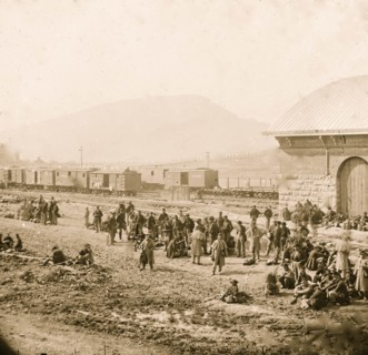 Chattanooga, Tenn. Confederate prisoners at railroad depot 1864