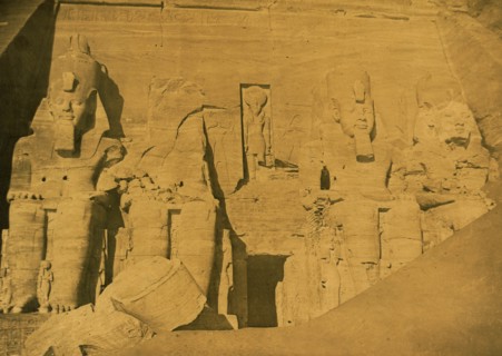 Colossal sculptures of Ramses II at entrance to the Great Temple at Abu Simbul, Egypt 1880