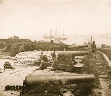 Confederate battery. Magruder with 8-inch Columbiads. Federal transports in river 1862
