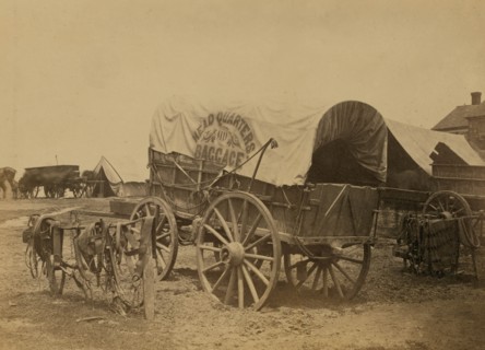 Covered wagon for "Headquarters baggage" and saddlery, probably a Civil War military camp 1863