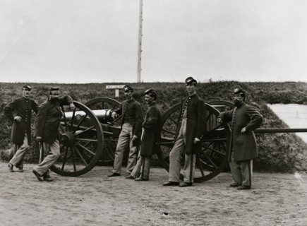 District of Columbia. Sergeants of 3d Massachusetts Heavy Artillery, with gun and caisson at Fort Totten 1865