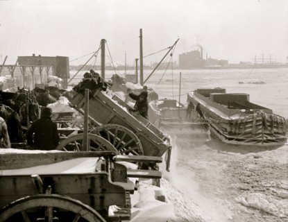 Dumping snow into the river after a blizzard, New York 1888