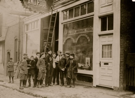 Elm Pool Room and Group of young loafers. New Bedford, Massachusetts. 1912