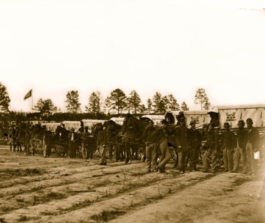 Falmouth, Va. Men and wagons of the Engineer Corps ambulance train 1863