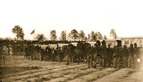 Falmouth, Va. Men and wagons of the Engineer Corps ambulance train 1863