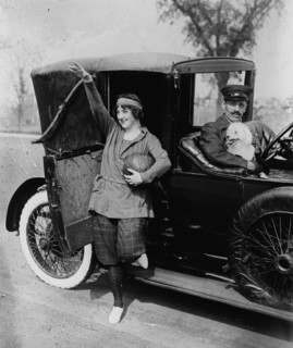 Fancy lady with chauffeur driven limousine and dog in car