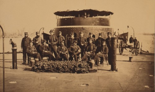Fifteen officers on deck of a Union monitor warship 1864