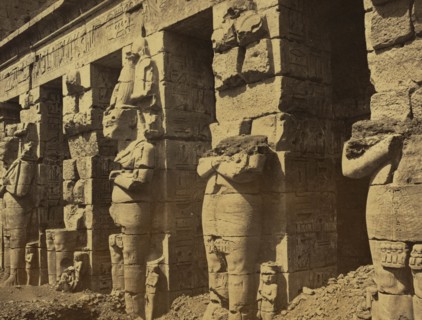 Five statues at the ends of square columns at the Grand Temple in Thebes 1880