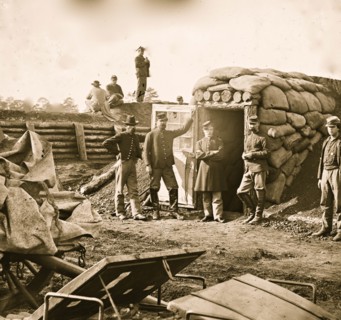 Fort Burnham, Va. (the former Confederate Fort Harrison). Federal soldiers in front of bomb-proof headquarters 1863