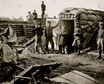 Fort Burnham, Va. (the former Confederate Fort Harrison). Federal soldiers in front of bomb-proof headquarters 1863
