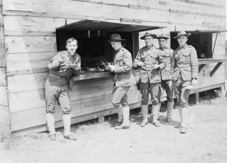 Fort Hamilton, soldiers of Co. A at kitchen 1908